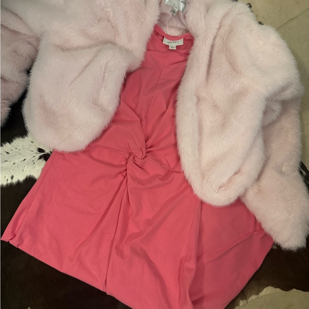 Pretty in Pink outfit Faux Fur Pink Jacket Over Coral Pink Twist Front Dress